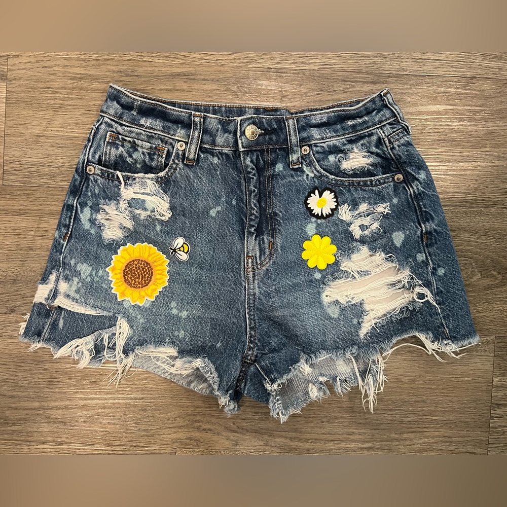 American Eagle Outfitters Blue Distressed Jean Shorts with Floral Accents